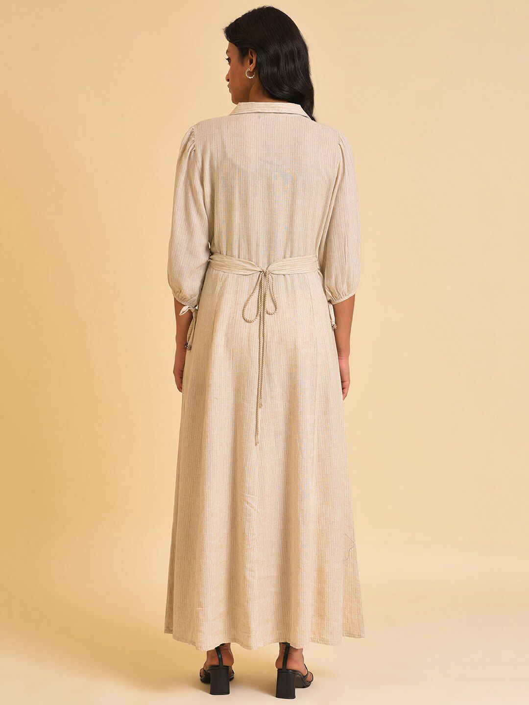 W Off White Floral Embroidered A-Line Maxi Dress With Belt