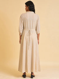 W Off White Floral Embroidered A-Line Maxi Dress With Belt