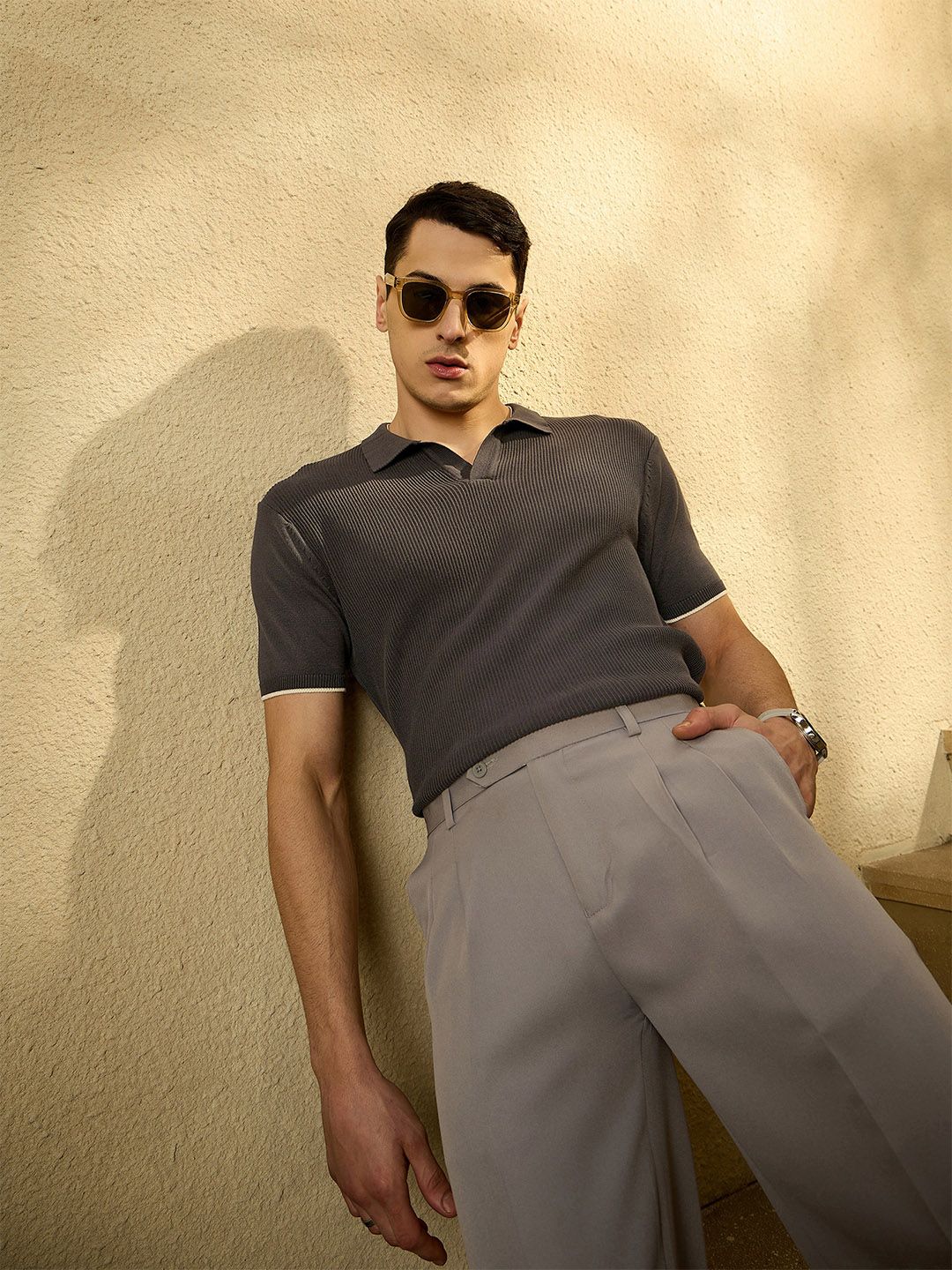 DENNISON Men Textured Polo Collar Knitted T-Shirt