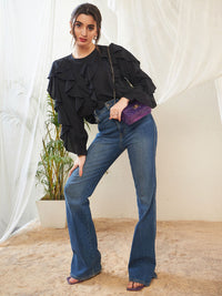 SASSAFRAS Black Cuffed Sleeves Ruffles Georgette Top