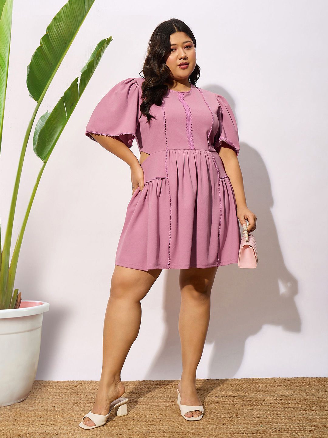 SASSAFRAS Curve Plus Size Pink Round Neck Puff Sleeves Gathered Fit & Flare Dress
