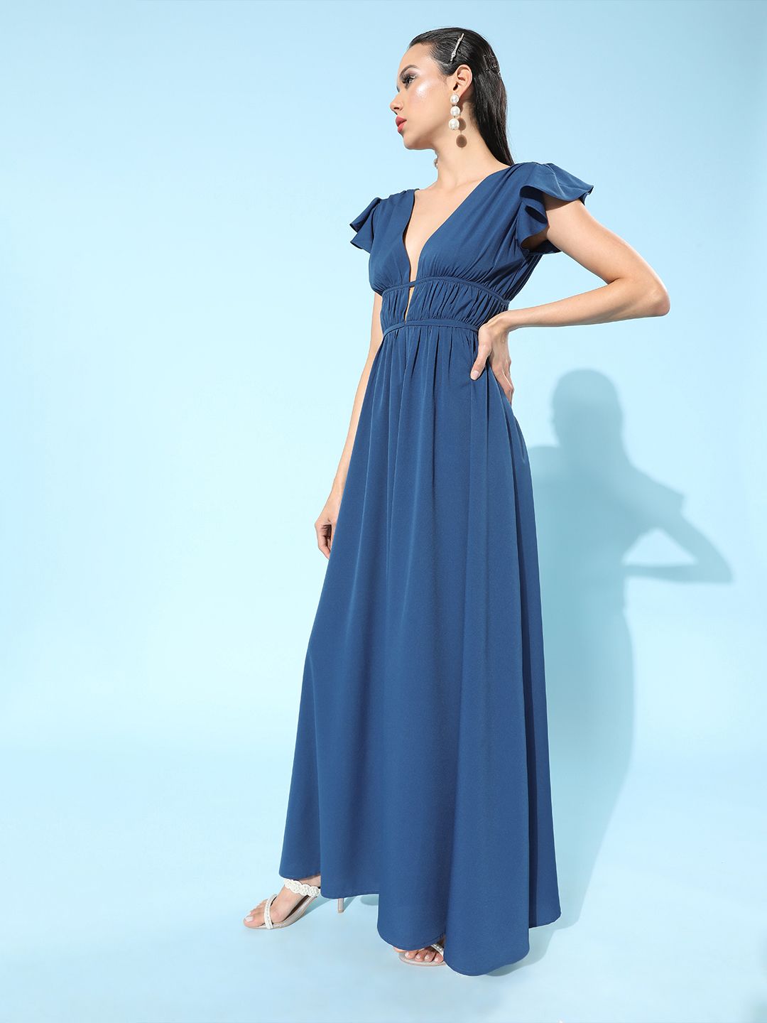 Berrylush Blue Solid Smocked Dress