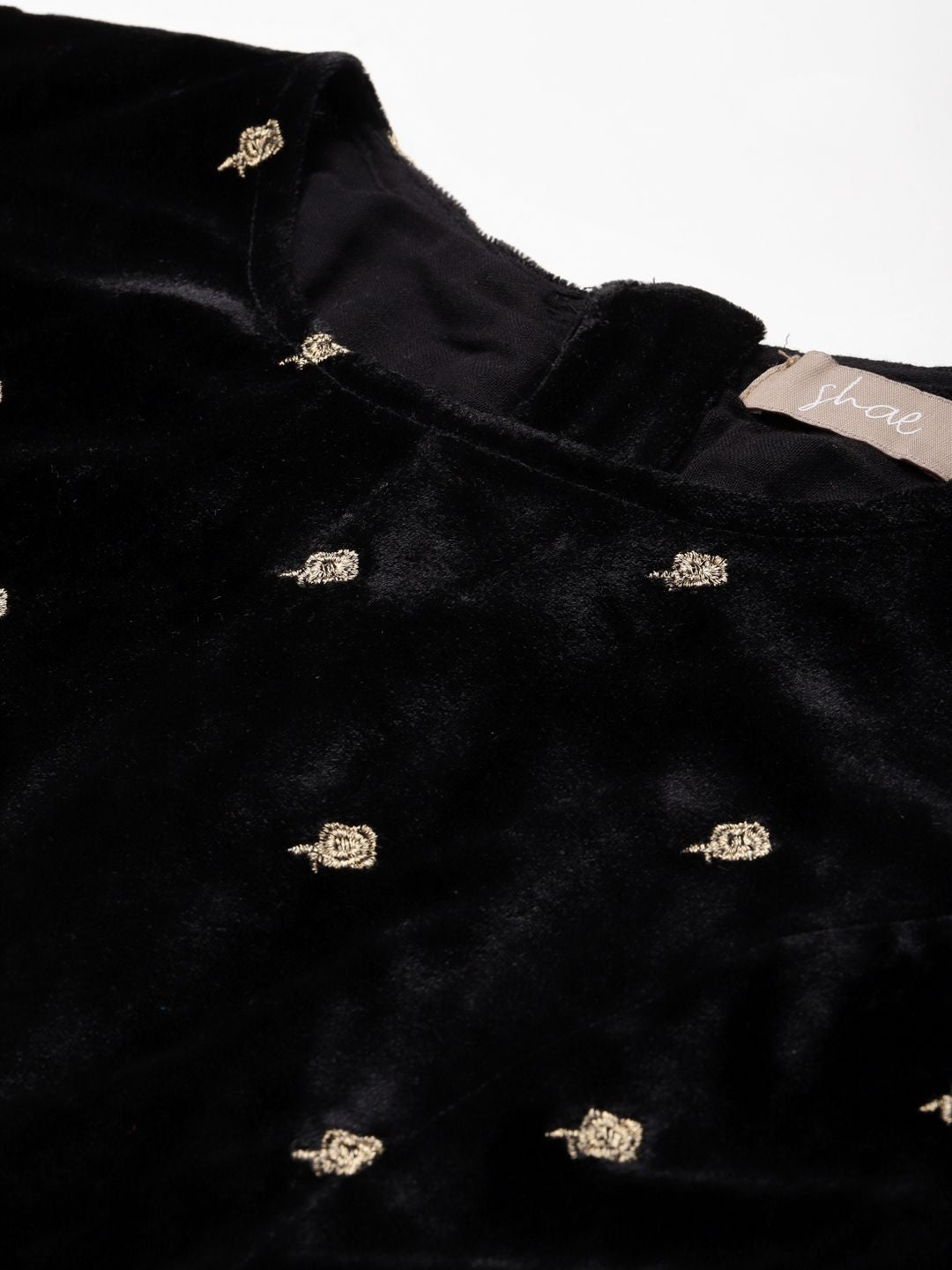 Shae by SASSAFRAS Black & Gold-Toned Embroidered Velvet Regular Crop Top