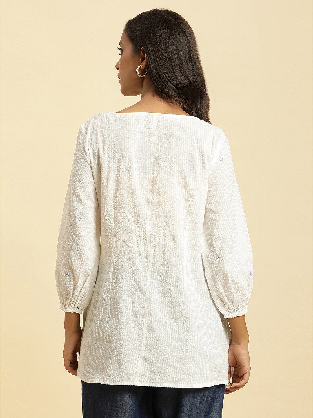 W Self Designed Puff Sleeves Pure Cotton A-Line Top