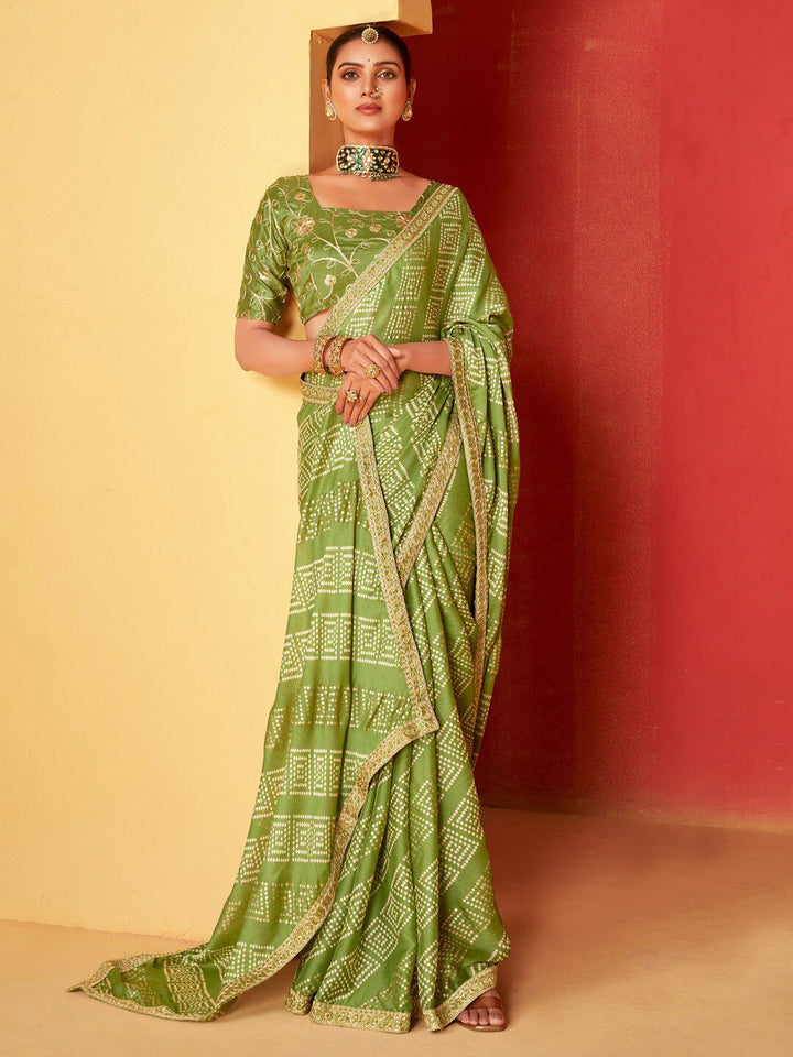 Saree mall Green Bandhani Printed Embroidered Poly Chiffon Saree
