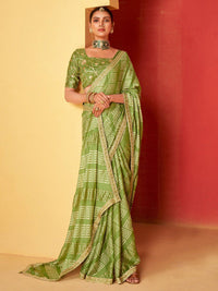 Saree mall Green Bandhani Printed Embroidered Poly Chiffon Saree