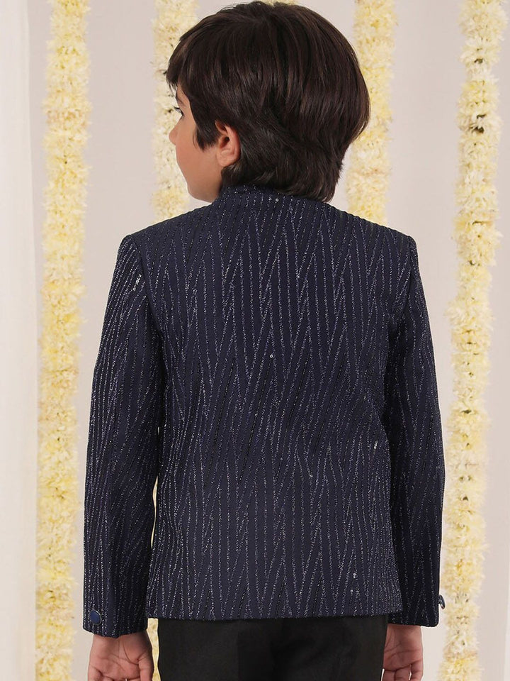 VASTRAMAY Boys Self-Design Mandarin Collar Slim-Fit Single-Breasted Bandhgala Blazer
