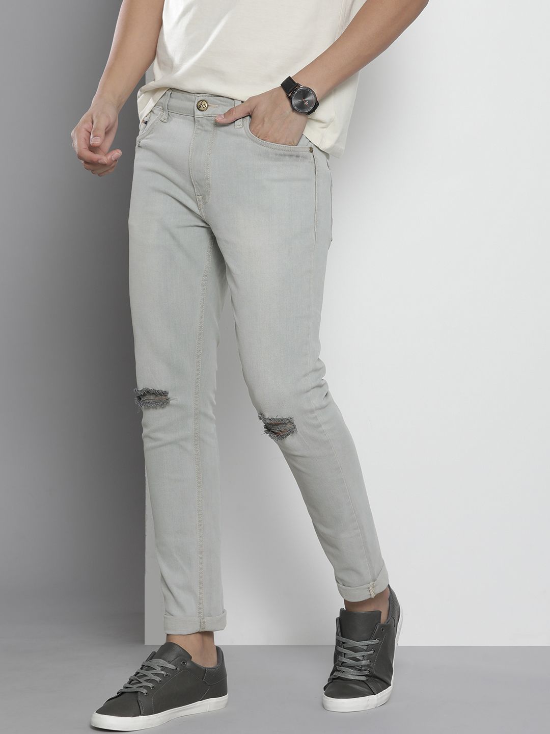 The Indian Garage Co Men Grey Slim Fit Slash Knee Stretchable Heavy Fade Stretchable Jeans