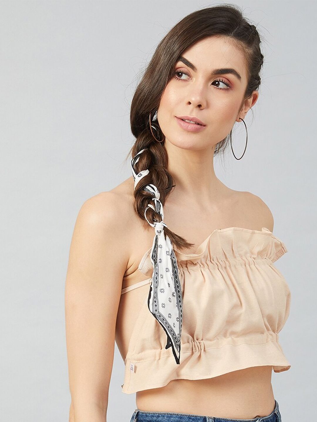 Athena Women Beige Ruched Tube Crop Top