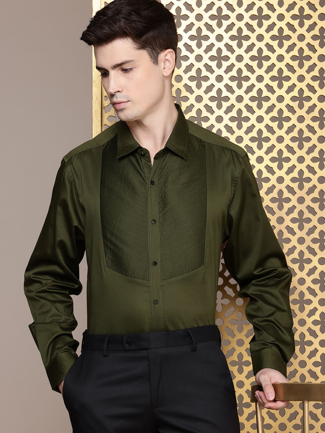 House of Pataudi Pure Cotton Pleated Opaque Party Shirt