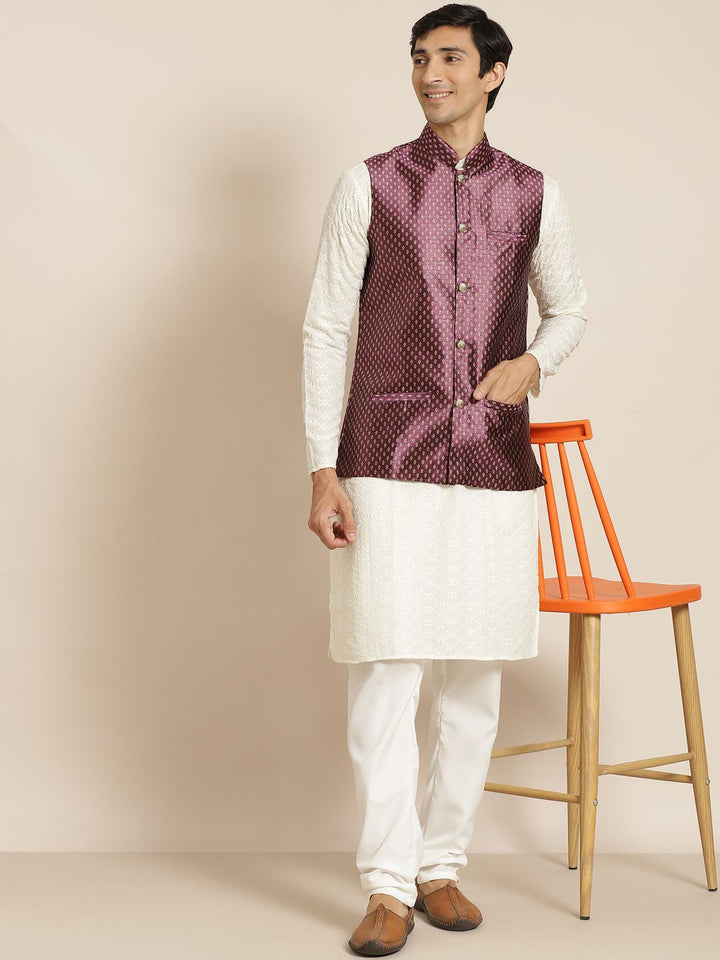 SOJANYA Men Cream-Coloured Chikankari Pure Cotton Kurta with Churidar & Nehru Jacket