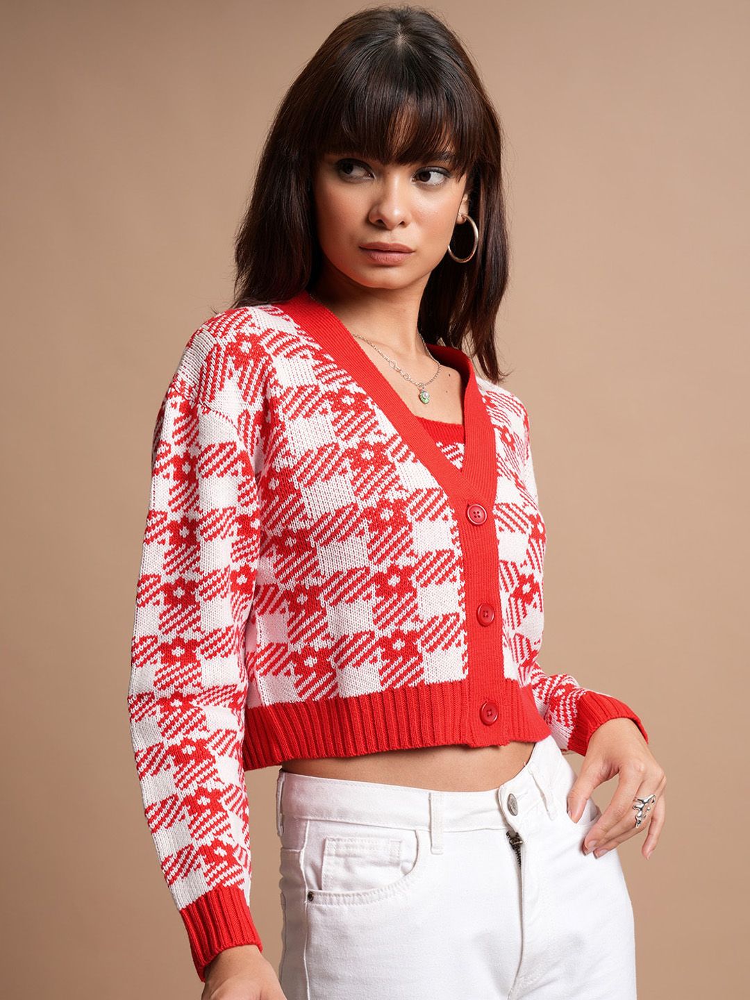Tokyo Talkies Checked Crop Top with Cardigan