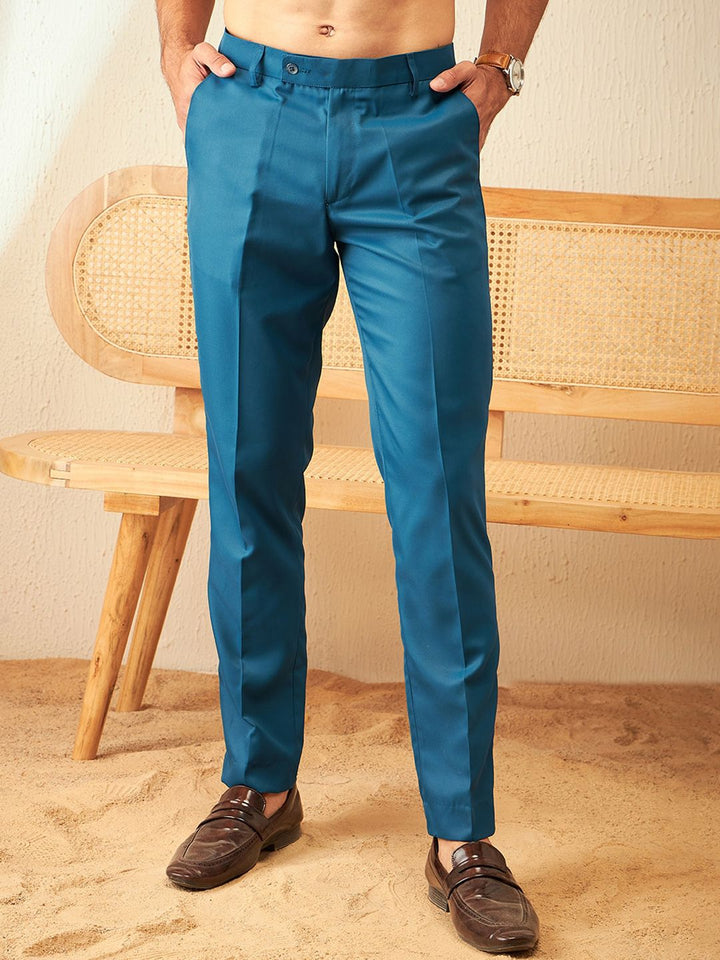 DENNISON Men Blue Smart Tapered Fit Easy Wash Cotton Trousers