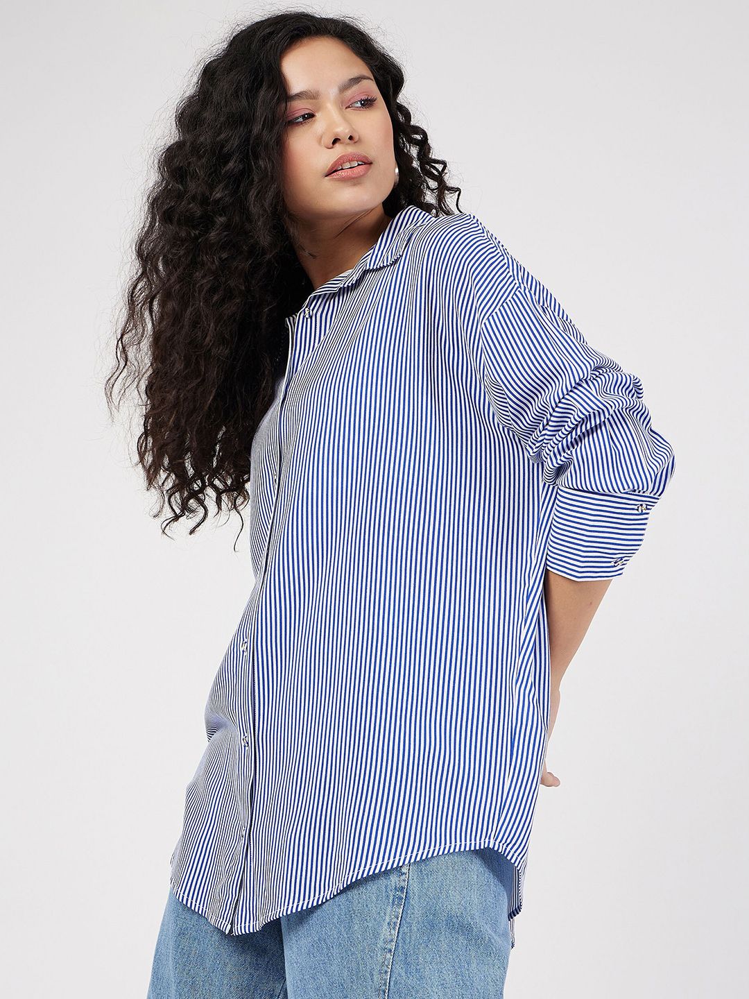 SASSAFRAS Oversized Striped Spread Collar Casual Shirt