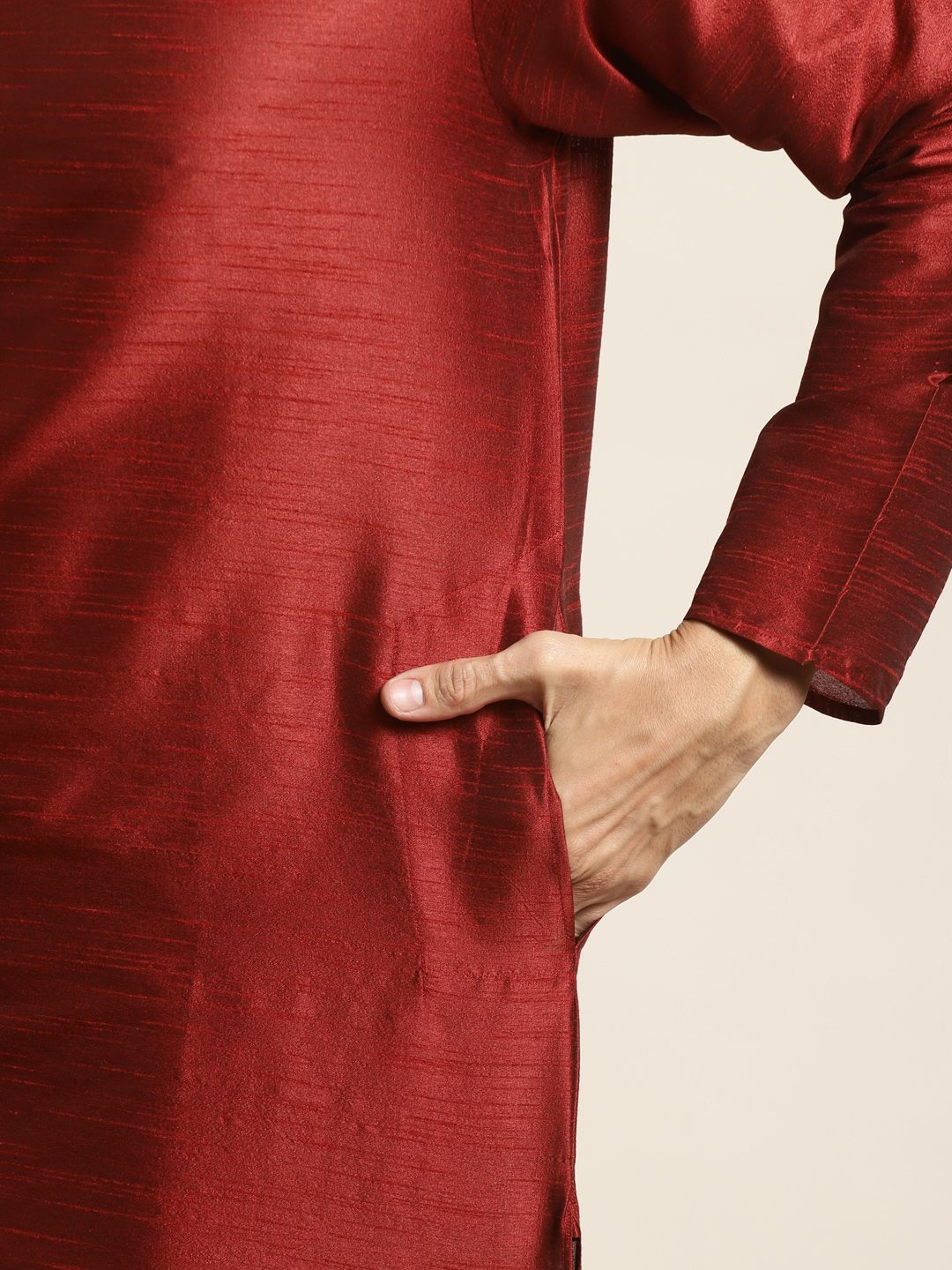 SOJANYA Men Maroon & Beige Kurta with Churidar & Printed Nehru Jacket
