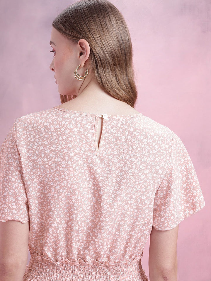 DressBerry Floral Print Smocked Detail Flared Sleeves A-Line Dress