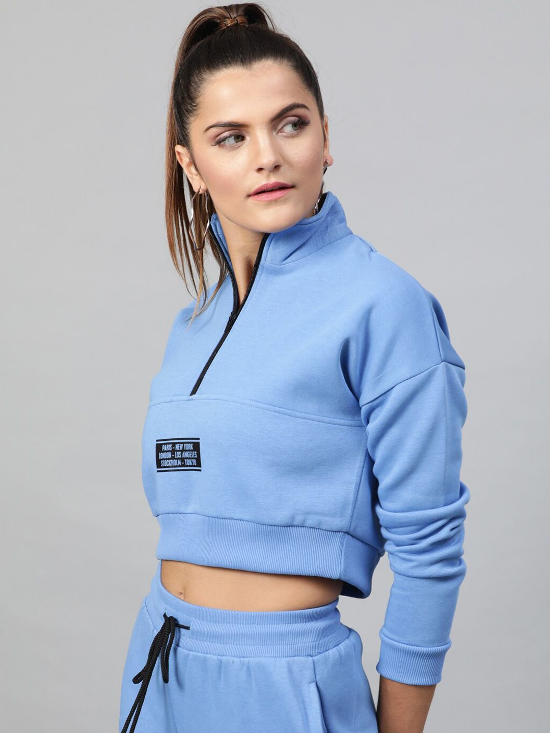 STREET 9 Women Blue Solid Crop Sweatshirt