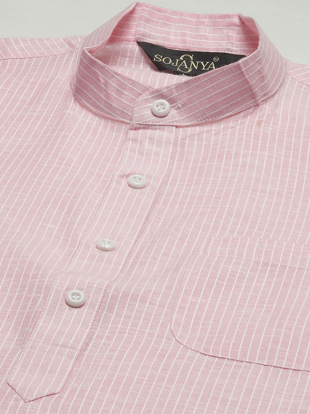 SOJANYA Men Pink & White Striped Cotton Straight Kurta