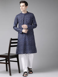 See Designs Men Navy Blue Printed Pure Cotton Kurta with Trousers