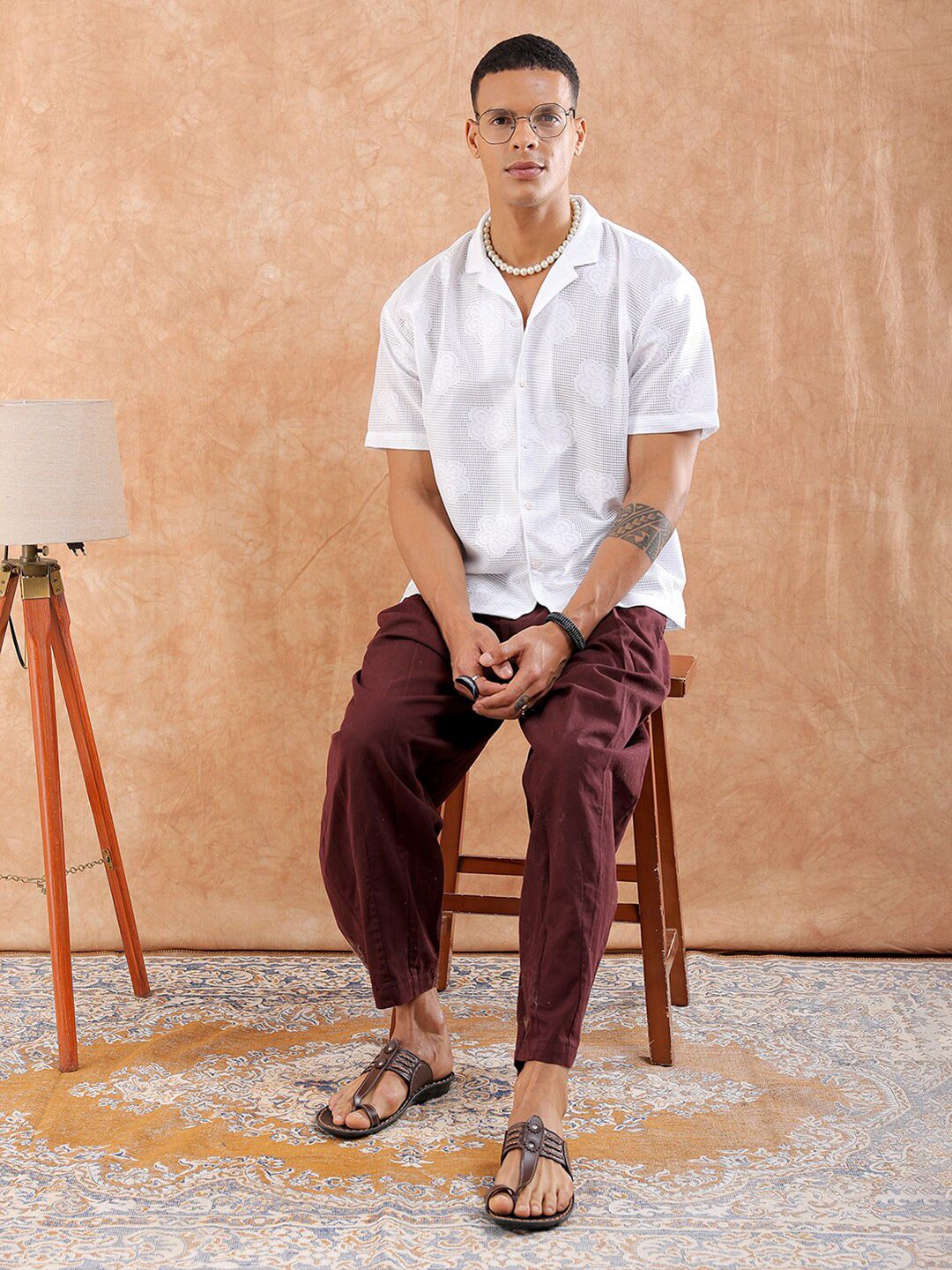 The Indian Garage Co Men Relaxed Fit Solid Warp Knit Lace Resortwear Shirt