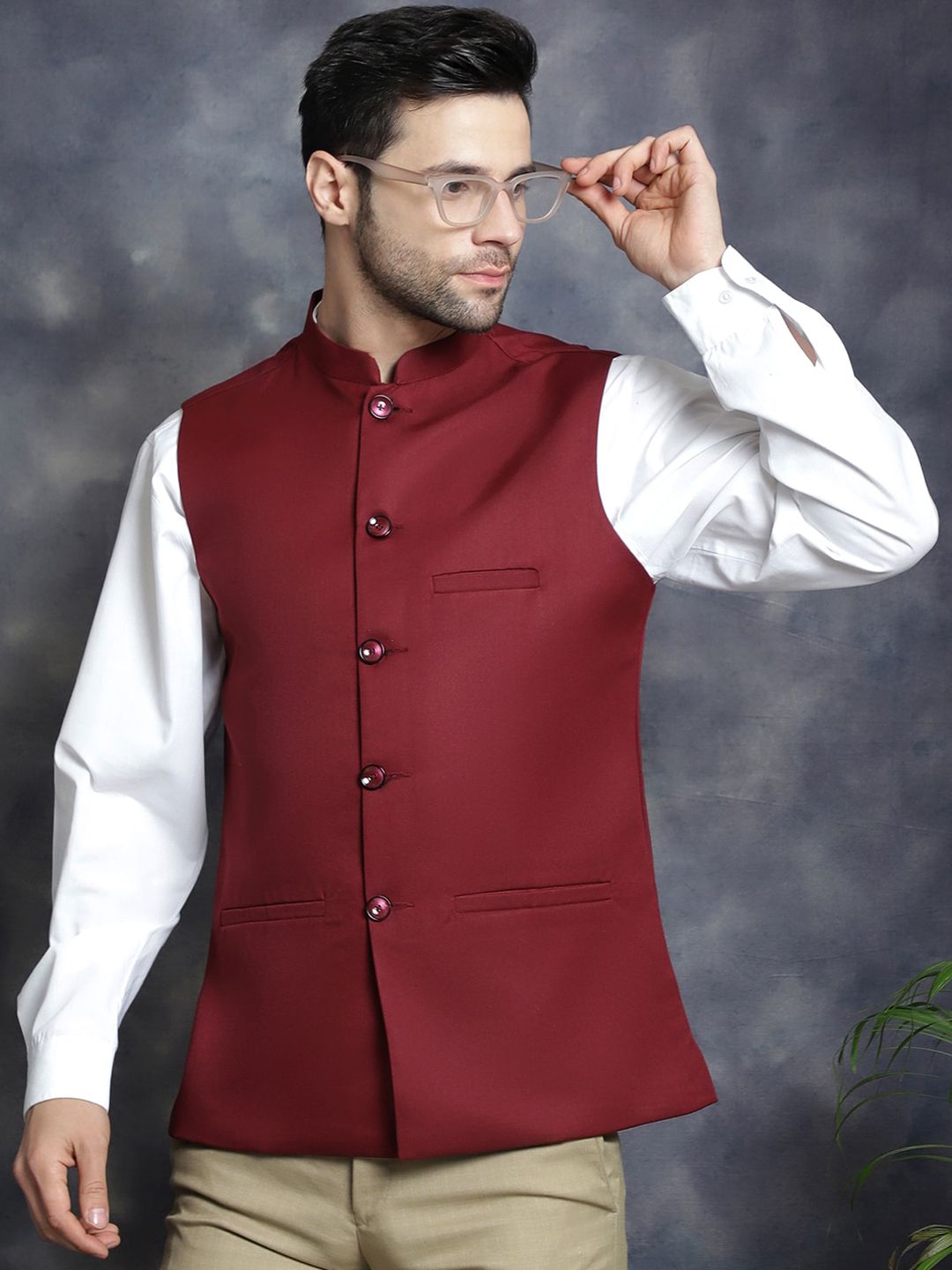 Anouk Maroon Mandarin Collar Woven Nehru Jacket