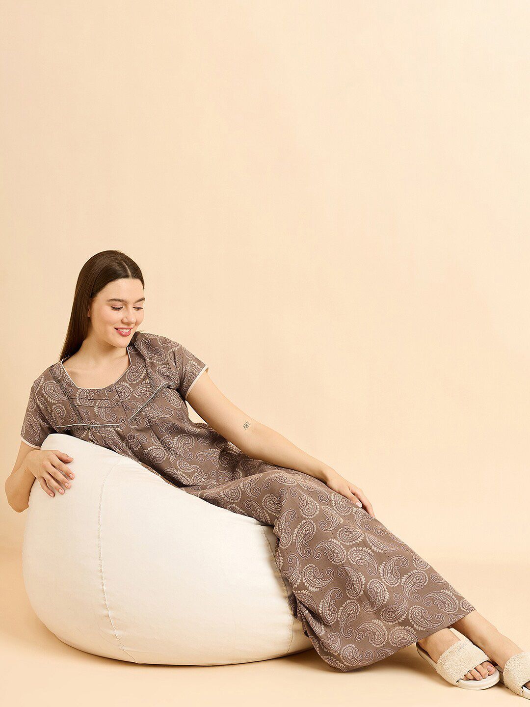 Sweet Dreams Brown Ethnic Motifs Printed Pure Cotton Maxi Nightdress