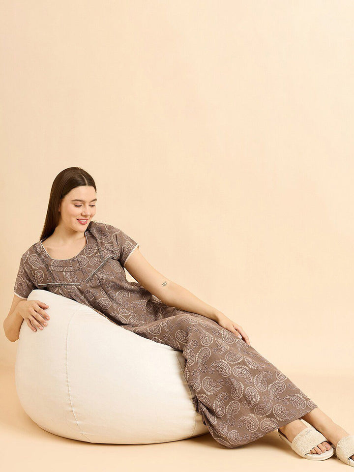 Sweet Dreams Brown Ethnic Motifs Printed Pure Cotton Maxi Nightdress