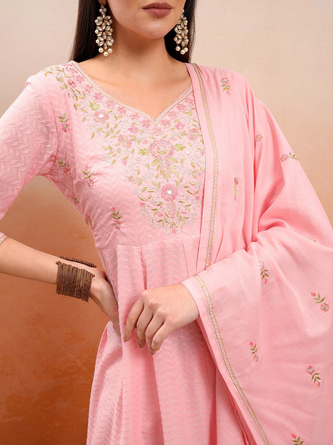 Vishudh Floral Embroidered V-Neck Pure Cotton Kurta with Trouser & Dupatta