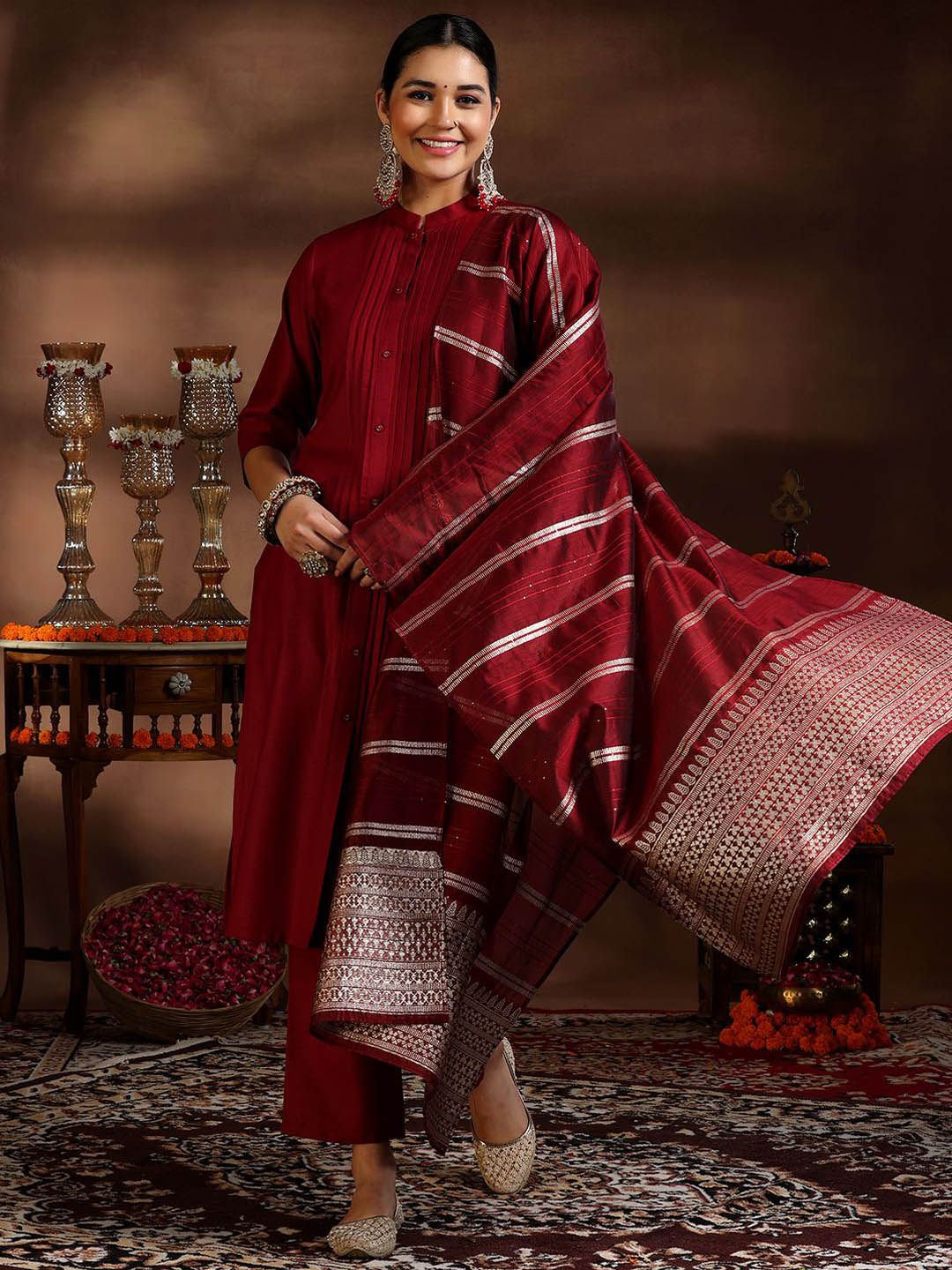 Libas Pleated Kurta with Trousers & Dupatta