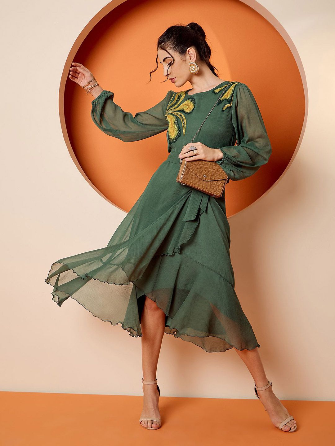 Antheaa Puff Sleeve Chiffon Embroidered A-Line Midi Dress