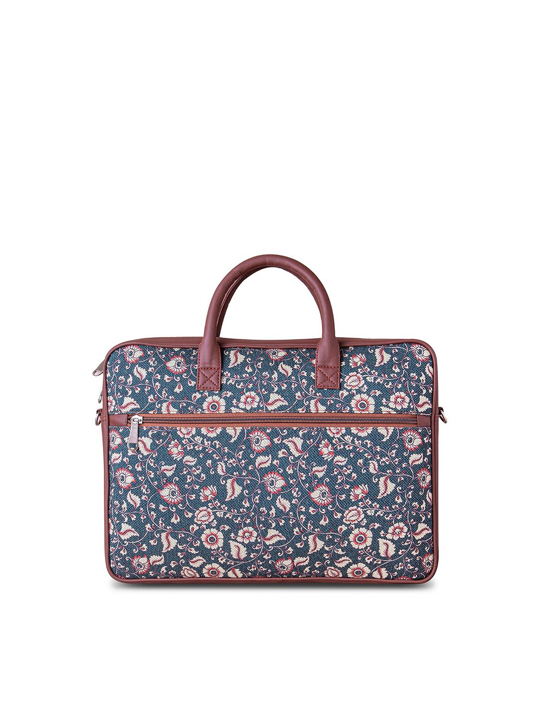 ZOUK Unisex Blue & Brown Kalamkari Printed Vegan Leather Laptop Bag