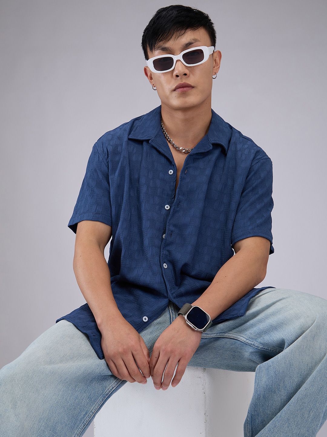 VASTRADO Men Classic Cuban Collar Textured Oversized Casual Shirt