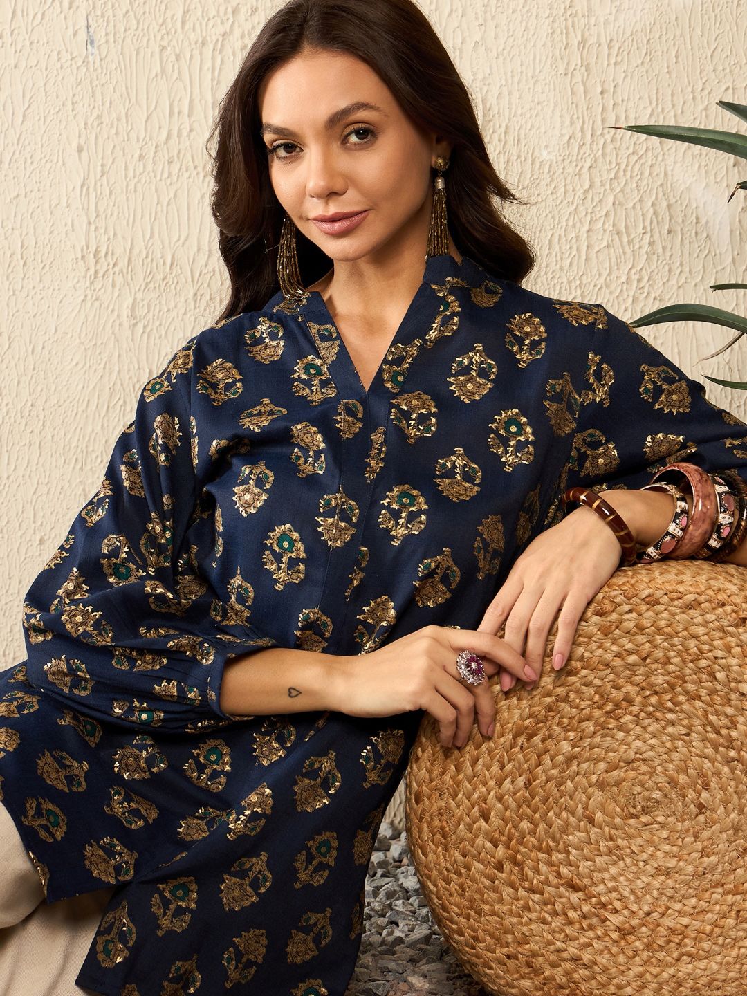 KALINI Women Floral Printed Mandarin Collar Top