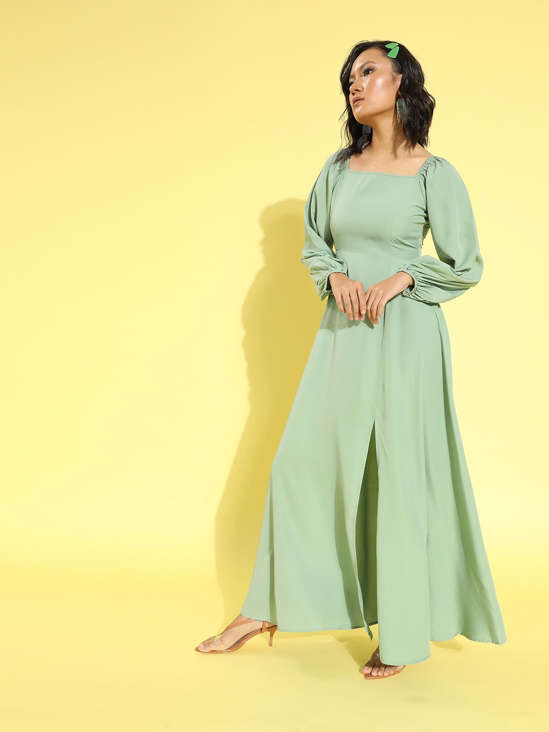 Berrylush Sage Green Solid Puff Sleeves Dress