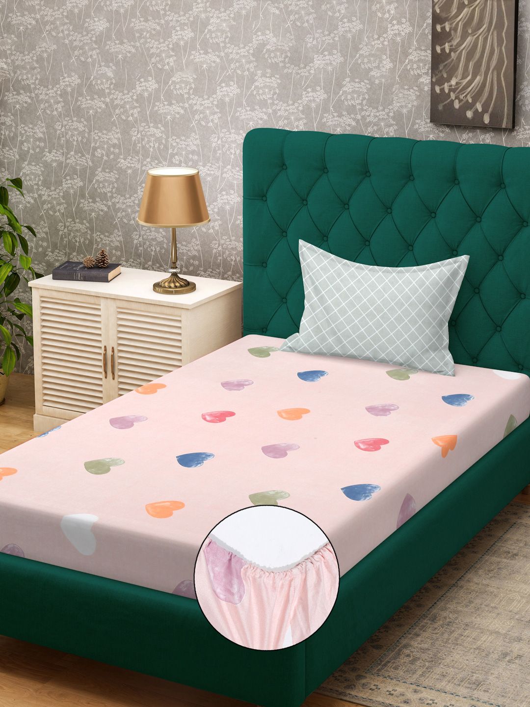 KLOTTHE Merah Jambu Kapas Perbualan 300 TC Dilengkapi Cadar Bujang Halus dengan Sarung Bantal-89 x 59 inci