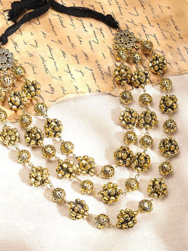 Rubans Oxidised Antique Gold-Plated Triple-Layered Floral Beaded Statement Necklace