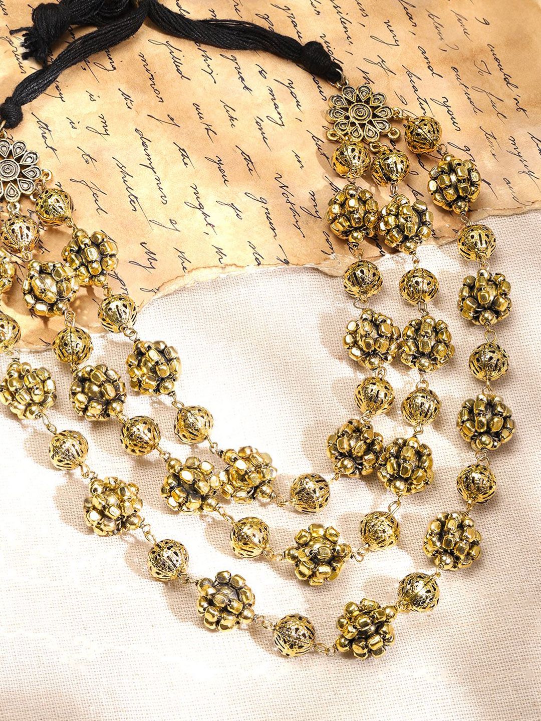 Rubans Oxidised Antique Gold-Plated Triple-Layered Floral Beaded Statement Necklace