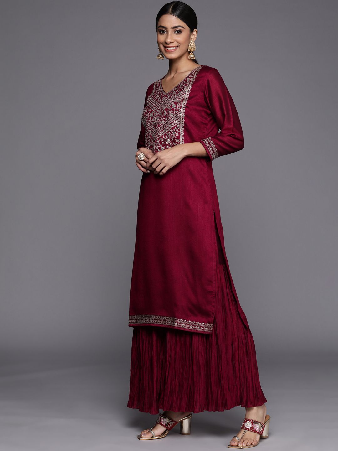Libas Women Fuchsia Floral Yoke Design Kurta with Sharara & With Dupatta