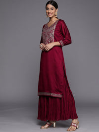 Libas Women Fuchsia Floral Yoke Design Kurta with Sharara & With Dupatta