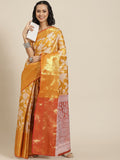 Silk Land Orange Floral Zari Ikat Saree