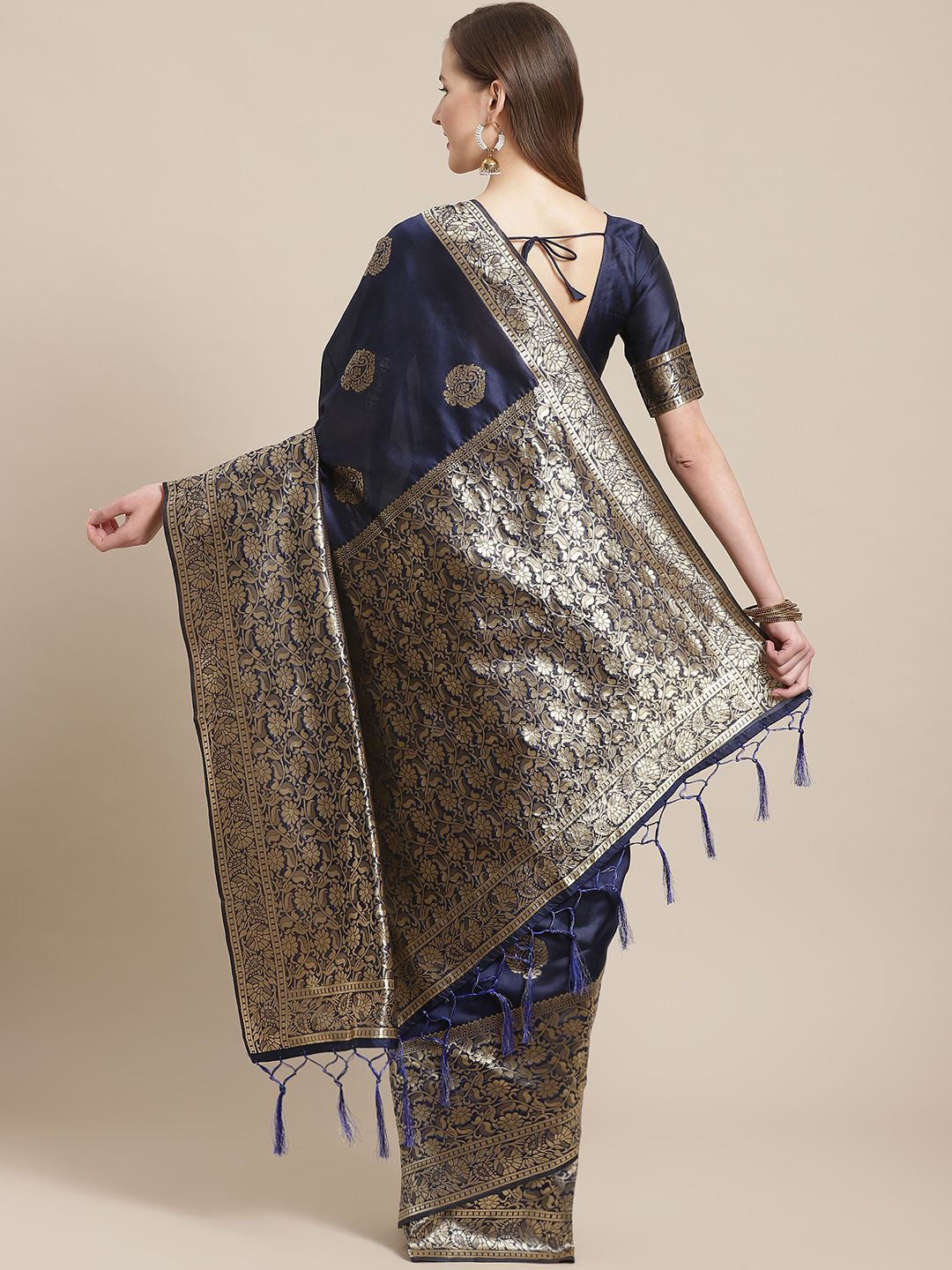Saree mall Navy Blue & Golden Ethnic Motifs Zari Woven Design Banarasi Saree