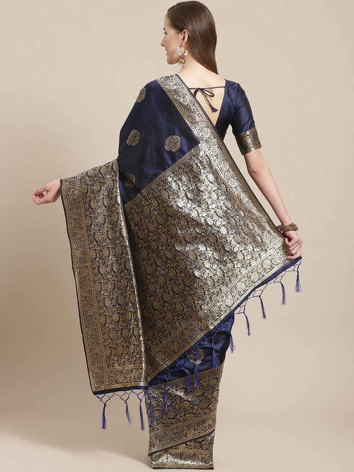 Saree mall Navy Blue & Golden Ethnic Motifs Zari Woven Design Banarasi Saree