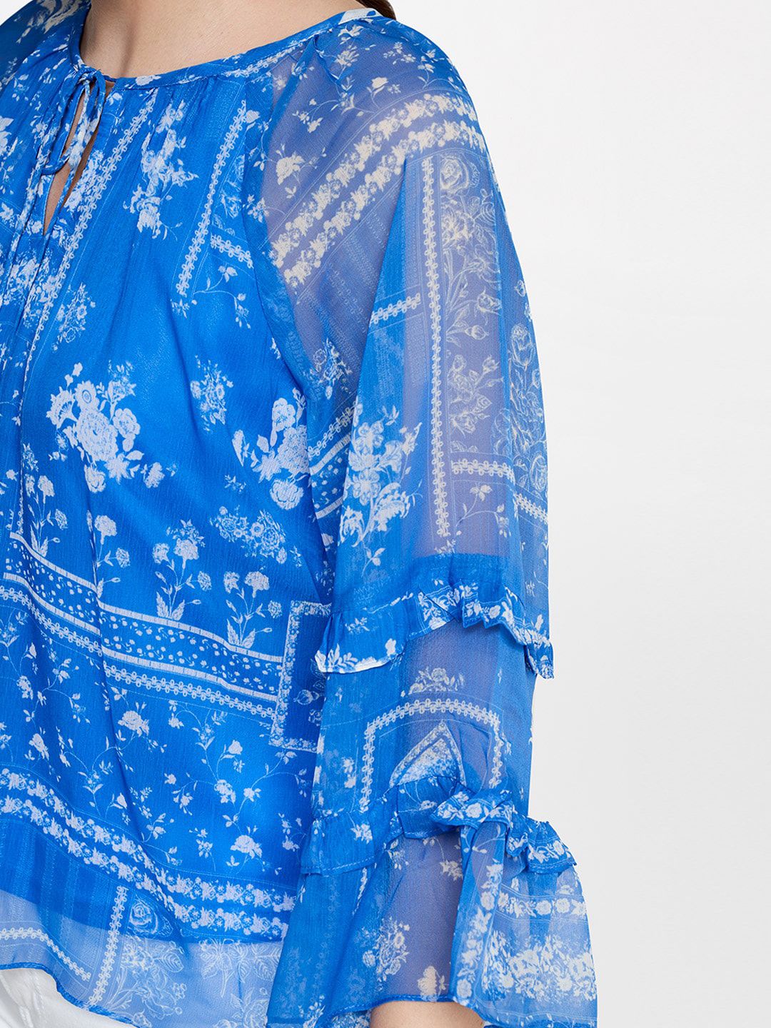 AND Floral Printed Tie-Up Neck Flared Sleeves Top