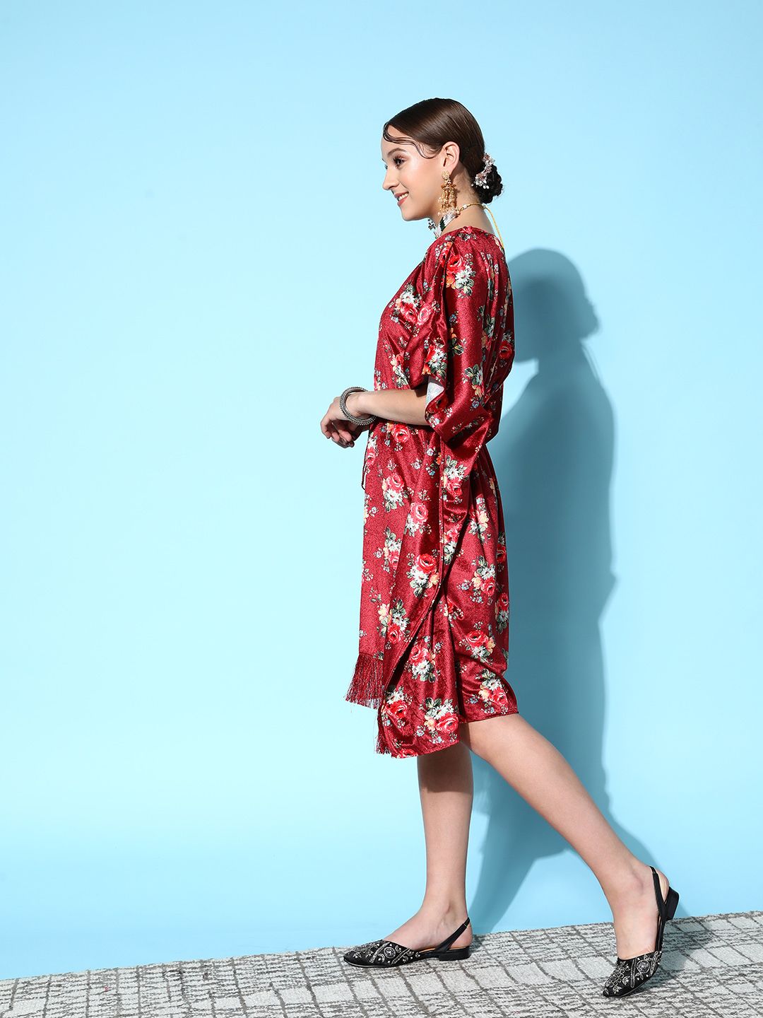 Shae by SASSAFRAS Maroon & Olive Green Floral Print Velvet Ethnic Kaftan Dress