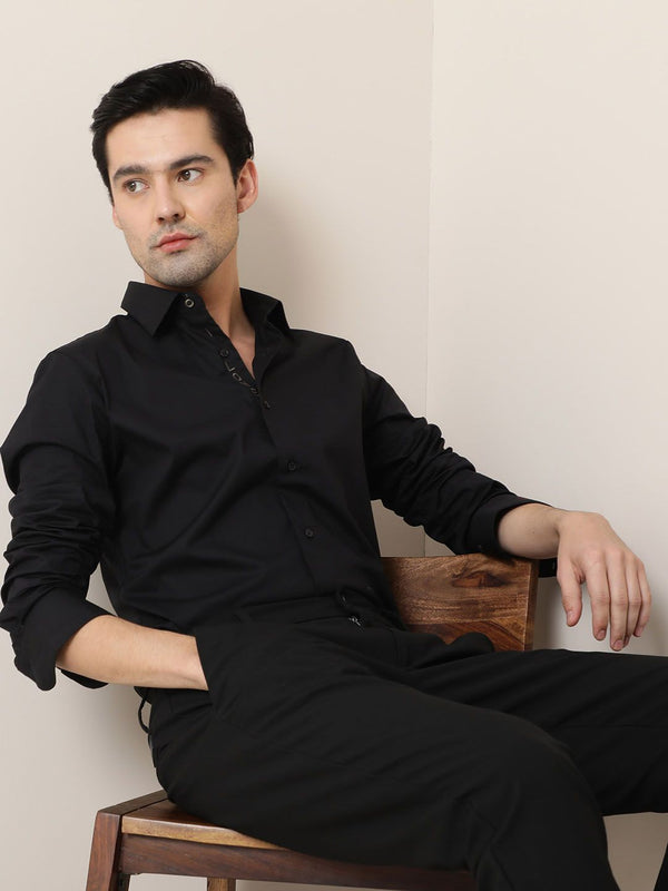 RARE RABBIT Men I Love U Black Custom Slim Fit Shirt