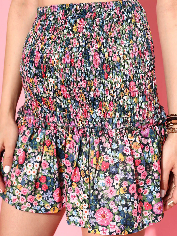 STREET 9 Women Pink & White Printed A-line Smocked Skirt