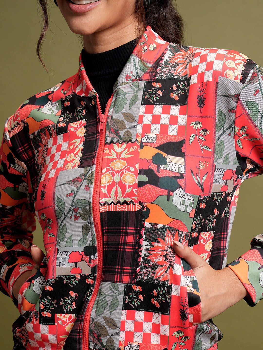 Tokyo Talkies Red Floral Printed Stand Collar Bomber Jacket With Zip Detail