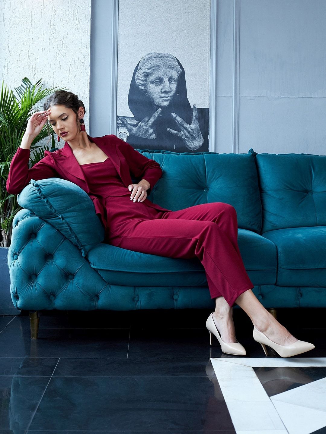Athena Women Maroon 3 Piece Blazer Co-Ords Set
