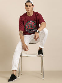 DILLINGER Men Maroon Typography Printed Pure Cotton Oversized T-shirt