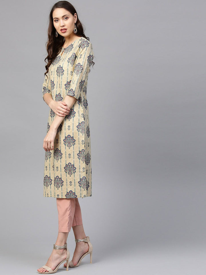 SOJANYA Women Beige & Green Printed Straight Kurta